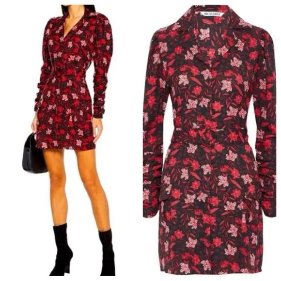 New! Walter Baker Red Delaney Belted Floral-print Crepe Shirt Dress 41172